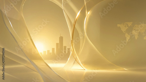 Abstract golden city skyline with global connection lines