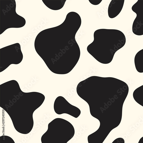 Seamless cow print pattern featuring large organic black patches on a cream background. Flat vector animal skin texture repeat tile for trendy textile fashion, fabric wrapping, and wallpaper.