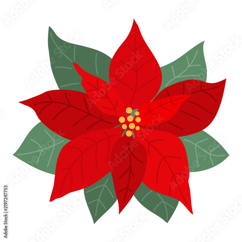 Vector illustration of a single red poinsettia flower with green leaves, isolated on a white background. Simple flat cartoon graphic element for winter Christmas holiday designs and decor.