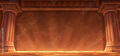 Ancient temple interior with ornate columns and glowing stone wall