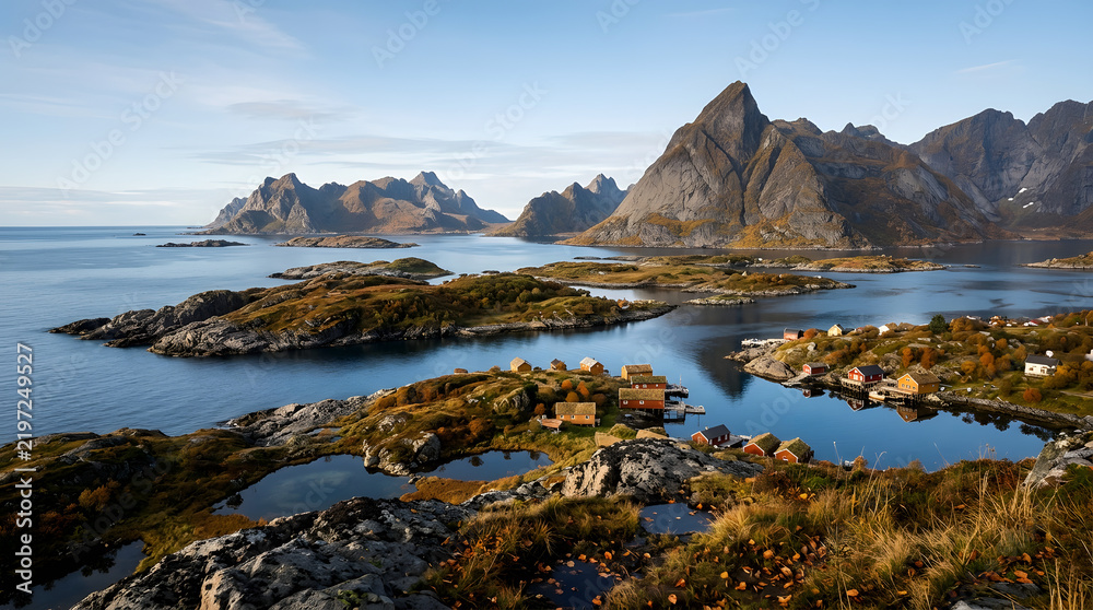 Fototapeta premium Elevated panorama of traditional red fishing cabins nestled in an autumn Norwegian fjord with dramatic mountain peaks