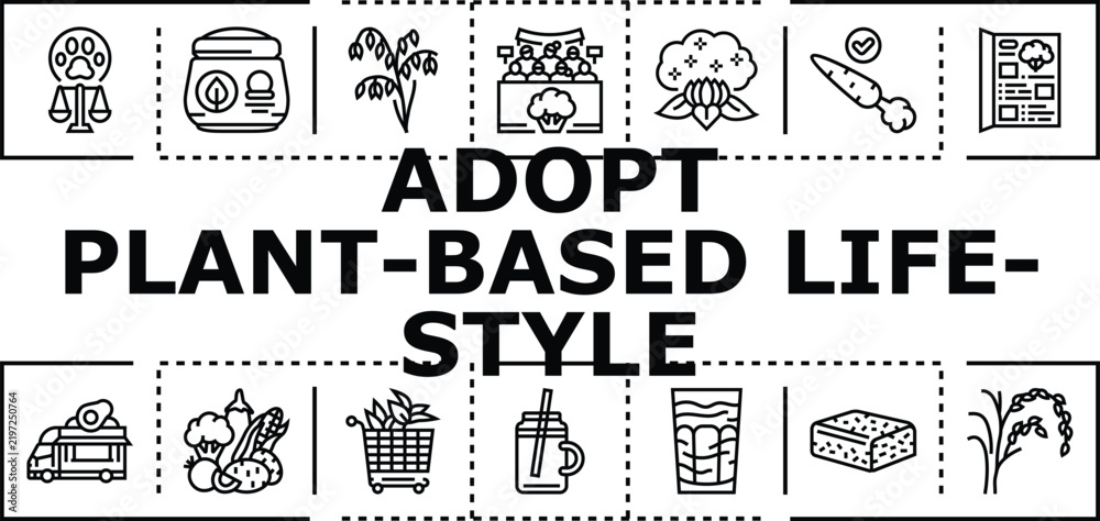 Obraz premium Adopt plant-based lifestyle banner infographic. Greens health, fruits diet, compassion vegetables icon vector illustration