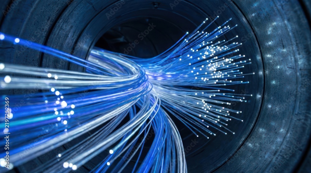 Fototapeta premium Abstract glowing blue fiber optic cables transmitting data in a dark tunnel
