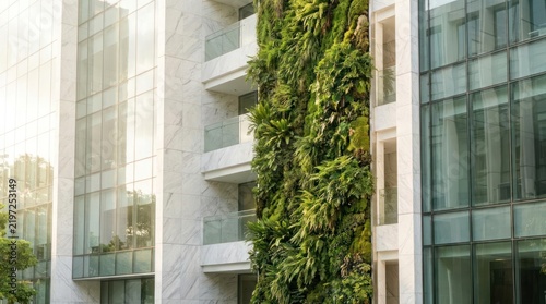 Modern building facade features a vertical green wall with lush plants