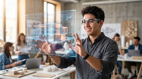Smiling engineer wearing smart glasses manipulates a glowing holographic building model. College student using virtual artificial intelligence technology & machine learning. AI hologram in education.