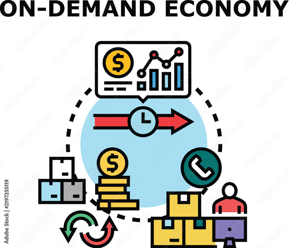 Obraz premium On demand economy system providing goods and services, featuring financial growth, customer communication, efficient delivery, and continuous order processing to meet consumer needs