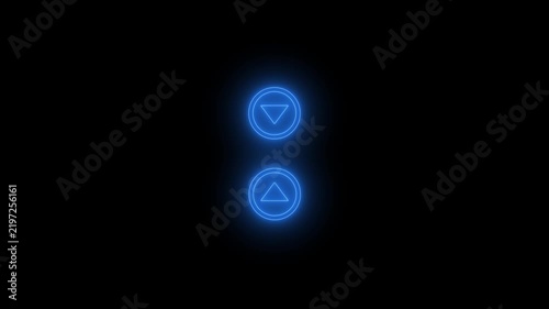 Glowing blue neon circle up and down arrow buttons isolated on a black background. Interactive digital gaming HUD element for next-generation video menus.