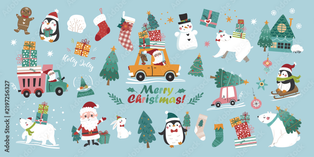 Fototapeta premium Vector set of cute cartoon Christmas characters and festive elements isolated on a light blue background.