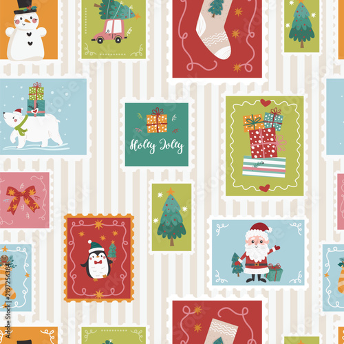Seamless vector pattern featuring cute Christmas postage stamps scattered across a beige background with vertical stripes.