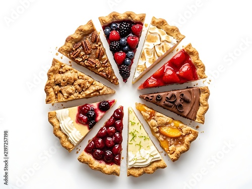 Top view of a variety of delicious pie slices arranged in a circle isolated on white background