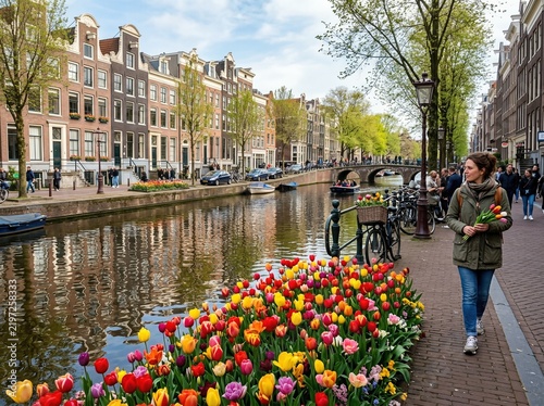 A stunning view of historic Amsterdam buildings surrounded by blooming tulips, showcasing vibrant facades, canal reflections, a spring ambiance, and lively floral details