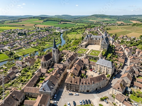 From above, the historic town of Champlitte in France is seen on a bright spring day