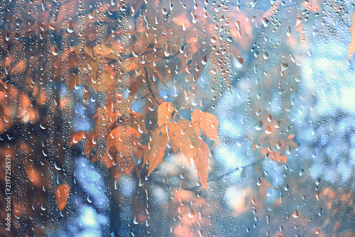 Wet weather, drops of autumn rain on the glass, autumn landscape outside the window, weather change