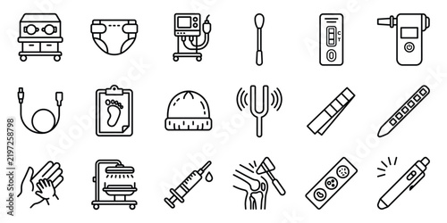 Neonatal and infant care medical equipment outline icons with nicu icons baby healthcare nicu gear