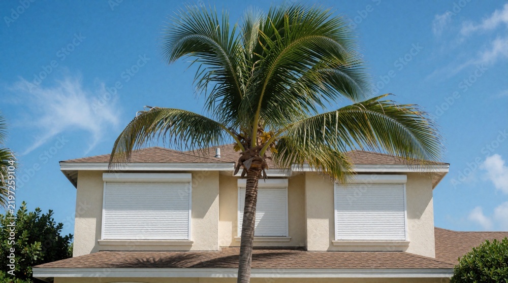Obraz premium Closed hurricane shutters protect house windows against storm damage. Large palm tree stands in front of modern residential building. Tropical home exterior features white rolling security shutters