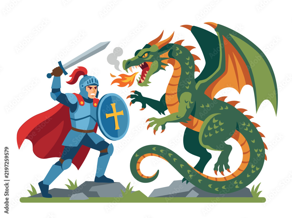 Obraz premium A valiant knight battles a dragon in a flat vector illustration, depicted as a medieval warrior wielding sword and shield against a mythical beast, isolated on a white background