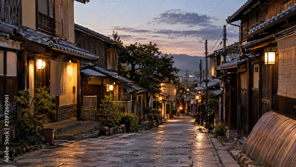 Fototapeta premium Traditional Japanese Town Street at Dusk with Warm Lights
