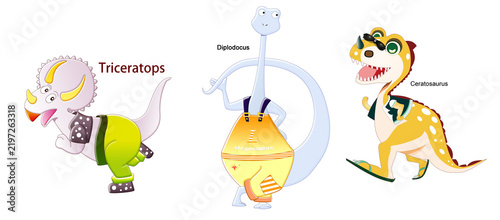Canvastavla Cute anthropomorphic cartoon dinosaurs, Triceratops, Diplodocus, Tyrannosaurus R