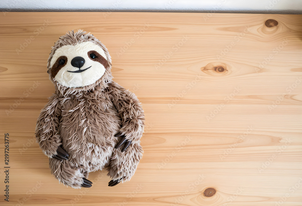 Fototapeta premium Childhood comfort and play, plush sloth toy resting on a light wooden table with copy space for nursery decor and educational development concepts