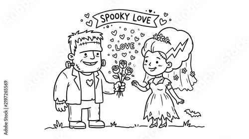 Cute Minimalist Halloween Frankenstein and Bride Romantic Doodle