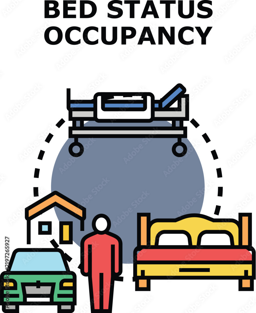 Fototapeta premium Bed status occupancy concept showing a hospital bed alongside a person, house, car, and home bed, visualizing different states of patient care and daily life