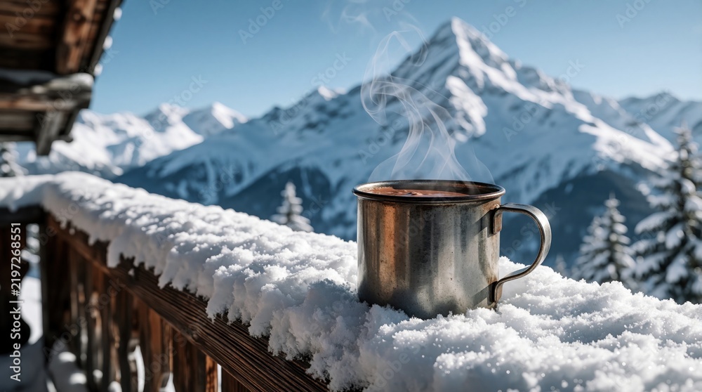 Fototapeta premium Steaming hot drink in metal mug sits on snowy wooden balcony. Winter mountains with white peaks under blue sky create scenic view. Cozy atmosphere at ski resort during cold season. Relaxing moment