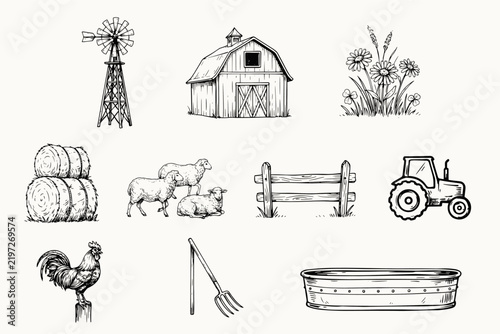 Set of hand drawn farm elements including a windmill barn hay bales and animals on white background.