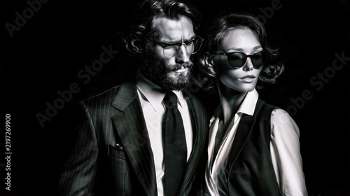 Stylish man and woman wearing dark formal outfits and sunglasses against black for elegant fashion advertising.