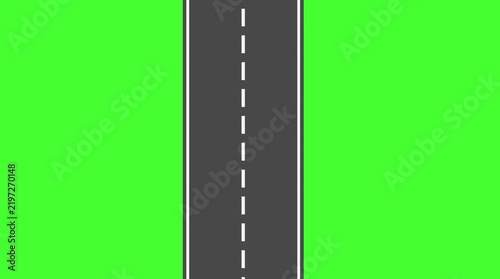Asphalt road with dashed white centerline moving animation on green screen background   