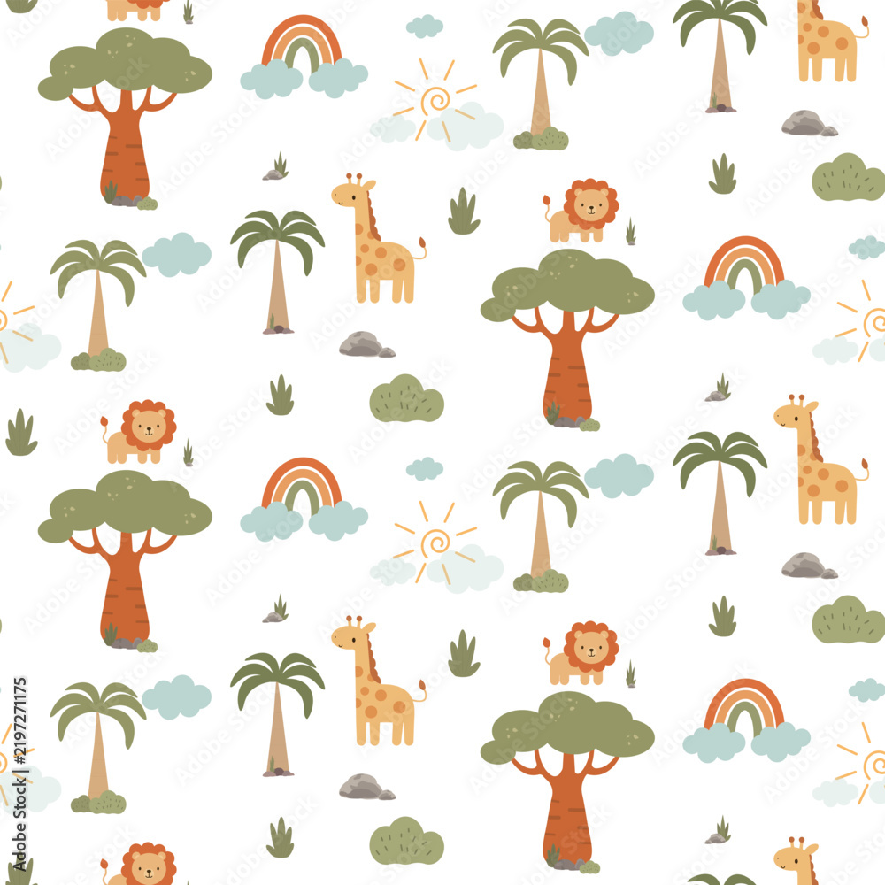 Obraz premium Cute Safari Animals Tropical Nature Pattern.