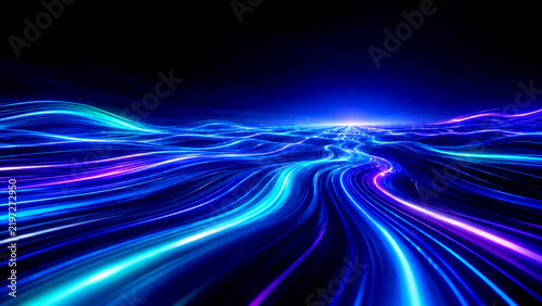 Abstract technology background with glowing blue light waves and fiber optic data stream