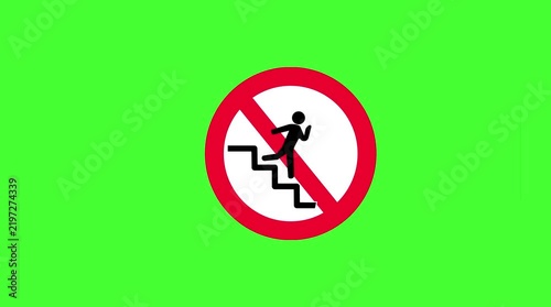 No running on stairs prohibition sign hazard safety warning symbol animation on green screen background   