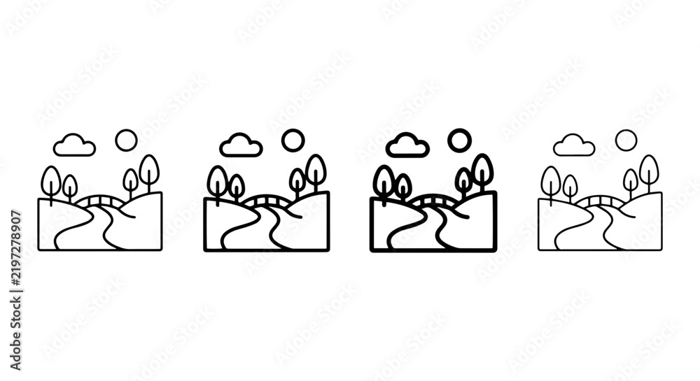 Fototapeta premium Minimalist Landscape Icons Set, Rural Scene Vector Graphics, Nature Path and Bridge Elements