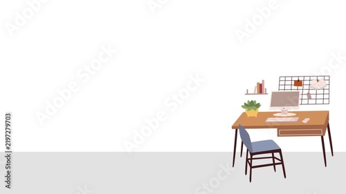 Flat vector animated team meeting or large office desk, featuring a large table, multiple chairs, laptop, decorative arched windows, and a potted plant against a white wal
