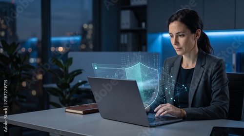 Focused professional implementing advanced cybersecurity measures and robust data protection strategies on a laptop in a secure corporate environment