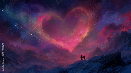 A couple standing in front of an enormous heart-shaped nebula