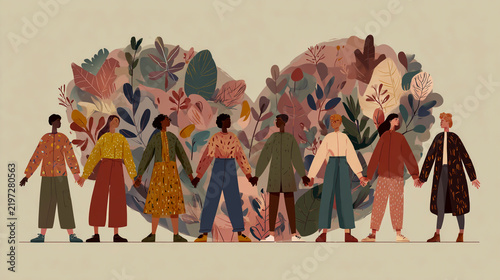 A flat vector illustration of diverse people holding hands
