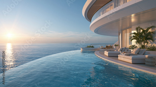 Modern luxury villa with curved infinity pool overlooking ocean during sunset hours.