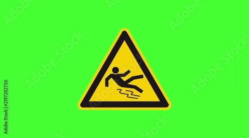 Caution wet floor warning sign animation with green screen background for slippery hazard alert