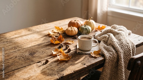 Autumnal table scene Warm coffee, cozy blanket, fall leaves, and decorative pumpkins on rustic wood, bathed in soft light, evoking comfort and charm