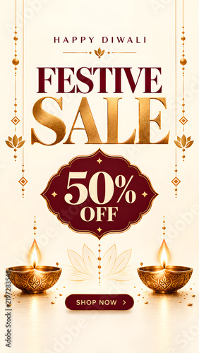 Elegant Diwali Festive Sale Poster with 50 Percent Off and Traditional Indian Diya Decorations