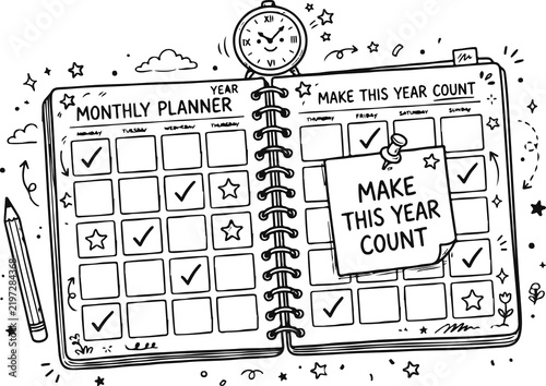new year doodle plan icon journal monthly yearly daily planner motivation icon element
