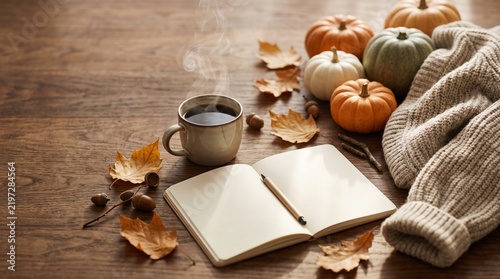 Warm autumn comfort Steaming coffee, open notebook, pumpkins, and fall leaves on wood evoke a cozy, reflective mood for seasonal inspiration and relaxation