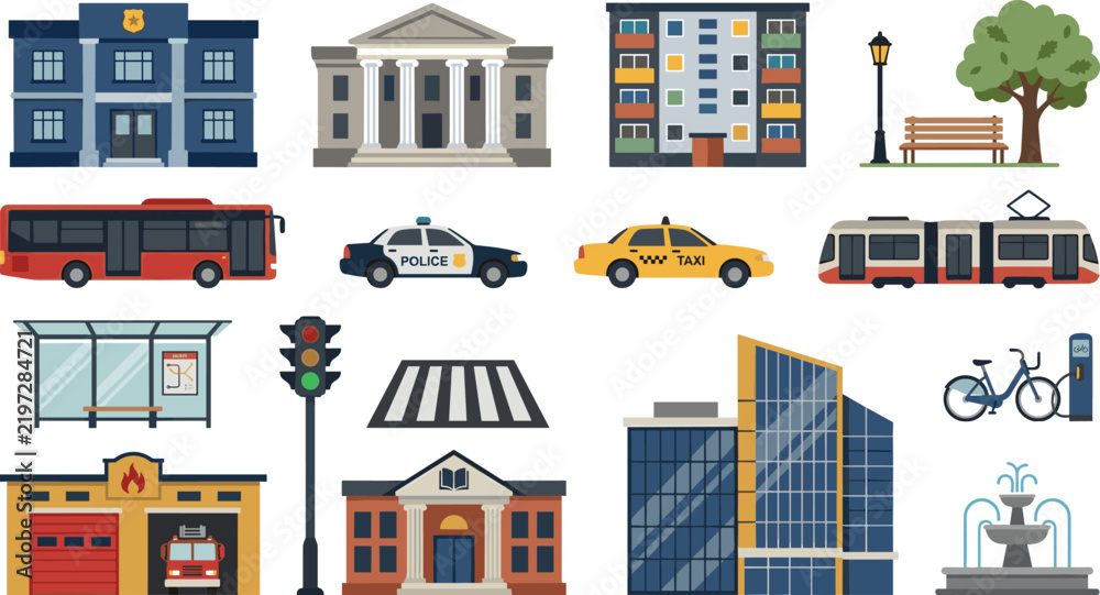 Fototapeta premium Flat City Infrastructure and Public Transport Element Set with Buildings Vehicles Traffic Light and Crosswalk for Urban Map Infographics
