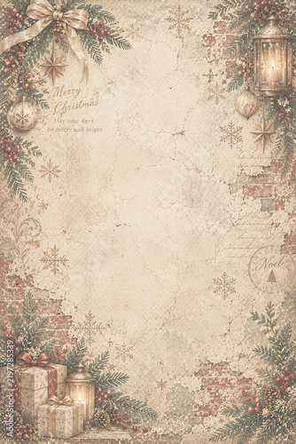 アンティークな漆喰壁とクリスマス装飾のヴィンテージ背景素材　Vintage Christmas Background with Distressed Plaster Wall and Festive Decorations