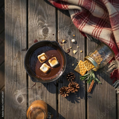 Delicious melted chocolate dip with toasted marshmallows and crackers on a rustic wooden table
