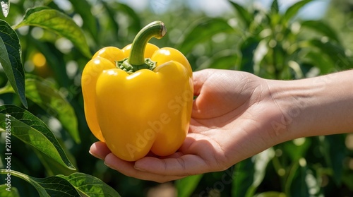 Person holds ripe yellow bell pepper in hand. Fresh organic vegetable picked from garden during summer harvest. Farmer shows homegrown produce in sunny field. Healthy raw food grows on green plant in