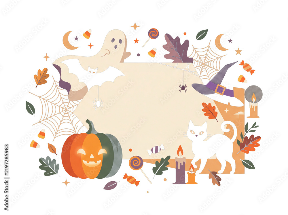 Fototapeta premium Halloween Greeting Card Template with Blank Space and Festive Flat Vector Icons