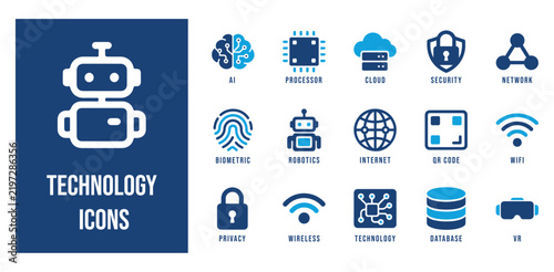 Ai agent solid technology vector icon set including ai, processor, cloud, security, network, biometric, robotic, internet, qr code, wifi privacy, wireless, technology database, and vr.