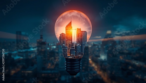 Double exposure of glowing light bulb with modern city skyline inside creative idea energy business concept